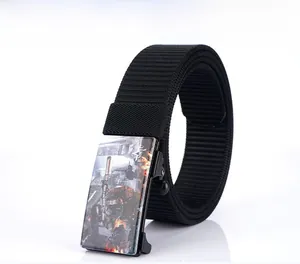 Close-up of black nylon tactical belt with a metallic automatic buckle featuring a soldier
