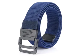 Close-up of matte black double ring buckle and navy blue braided canvas belt texture
