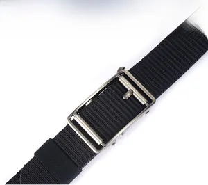 Close-up of 3.5cm black nylon men's belt with a sleek automatic alloy buckle detail