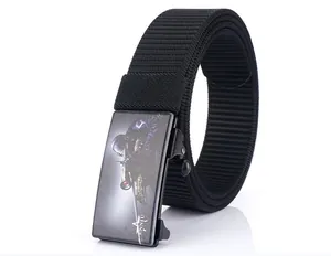 Close-up of black nylon tactical belt with a grey metal buckle featuring a sniper motif