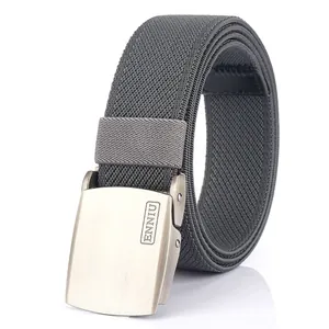 Men's dark grey woven canvas belt with silver brushed metal plaque buckle on white background