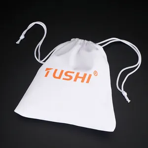 Weißer Kordelzugbeutel mit orangefarbenem Logo für Schmuck und kleines Zubehör