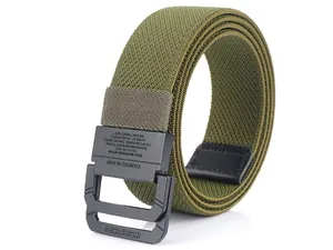 Detail of army green woven tactical belt with engraved matte metal double ring buckle