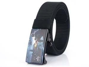 Detail of a tactical nylon belt featuring an alloy buckle with military sun and heli graphics