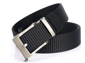 Detailed close-up of a black nylon tactical belt featuring a brushed metal automatic buckle
