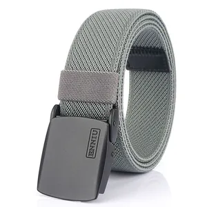 Gray elastic woven tactical belt with matte black automatic buckle and nylon texture