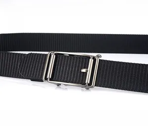 Detail of 3.5cm nylon belt with zinc alloy automatic buckle and matte brushed finish