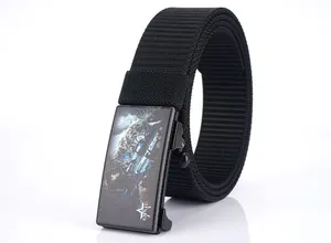 Close-up of black tactical nylon belt with alloy automatic buckle and sniper motif