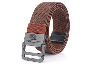 Macro detail of brown elastic woven canvas belt with dual ring metallic buckle