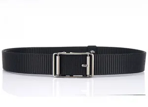 Close-up of black nylon belt with premium metal automatic quick-release buckle detail