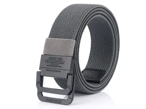 Detail of a tactical woven canvas belt with dual-ring matte black metal buckle close-up