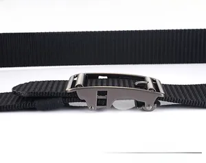 Detail of high-density black nylon belt showing secure metal buckle and adjustable length