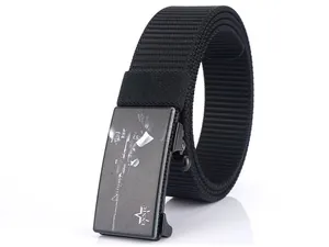Close-up of black nylon tactical belt with matte metal buckle featuring soldier engraving