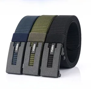 Detail of blue, green and black nylon belts with adjustable zinc alloy automatic buckles