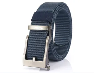 Detail of navy blue nylon belt with TUSHI brand zinc alloy automatic buckle mechanism