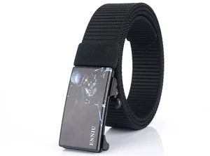 Detailed close-up of a black tactical nylon canvas belt with printed automatic buckle