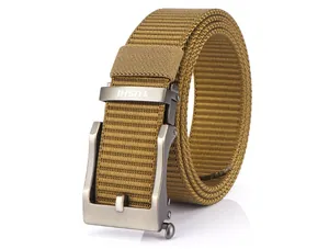 Detail of khaki nylon web belt showing zinc alloy automatic buckle and brand logo