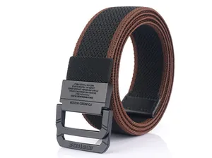 Detailed macro view of matte black double ring buckle with engraved brand logo on belt
