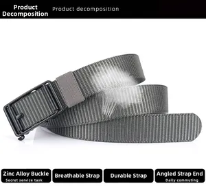 Detail of grey tactical nylon belt with zinc alloy buckle and breathable weave texture