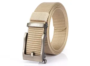 Detailed macro of khaki tactical nylon belt featuring a brushed metal automatic buckle
