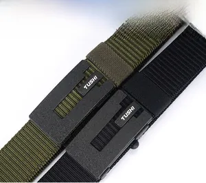 Detail view of durable military green and black nylon belts with automatic buckle