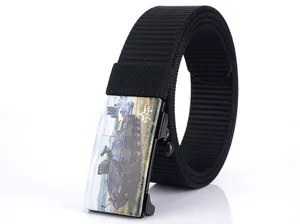 Detail of black nylon tactical belt featuring a metal automatic buckle with tank graphic
