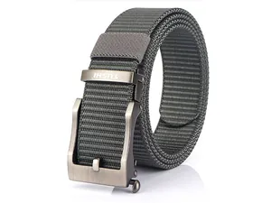 Detail of grey tactical nylon belt with brushed zinc alloy buckle and TUSHI logo