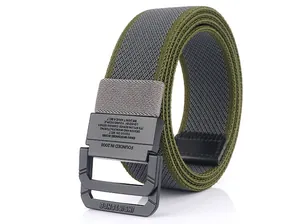 Close-up of olive green and gray elastic canvas belt with durable double-ring metal buckle