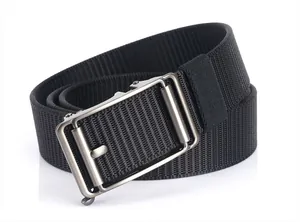 Close-up of black nylon web belt featuring a sleek matte grey automatic slide buckle