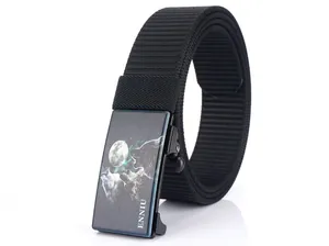 Detail of black tactical nylon belt featuring a metal buckle with a wolf art illustration