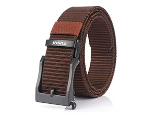 Detail of high-density brown nylon tactical belt with a black automatic metal buckle