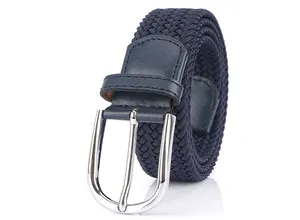 Detail of navy blue woven elastic belt showing silver pin buckle and textured finish
