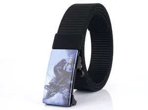 Close-up of nylon tactical belt buckle featuring a vintage knight and horse emblem