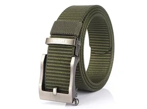 Detailed macro view of army green nylon tactical belt with a brushed metal buckle