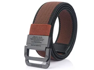Detailed macro view of the double-ring matte metal buckle on a woven elastic canvas belt
