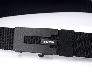 Detail of matte black zinc alloy automatic buckle with durable nylon tactical belt strap