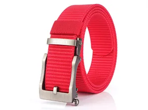 Close-up of red nylon tactical belt featuring a brushed zinc alloy automatic buckle