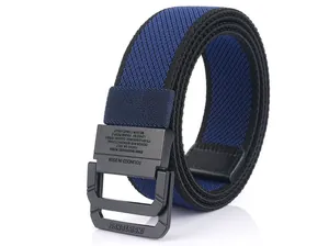 Detailed macro view of the double ring buckle on a navy blue elastic canvas belt