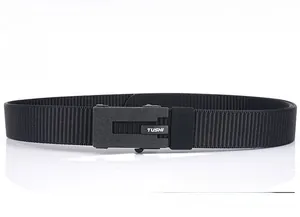 Detail of black nylon tactical belt with a TUSHI branded metal quick-release buckle