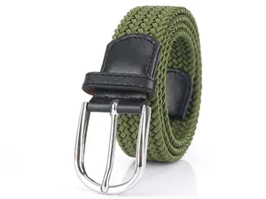 Close-up of olive green elastic woven belt with silver buckle and black leather details