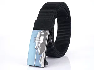 Close-up of black nylon tactical belt featuring a metal automatic buckle with tank graphic