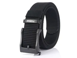 Close-up of black nylon tactical belt with a zinc alloy automatic buckle and TUSHI logo