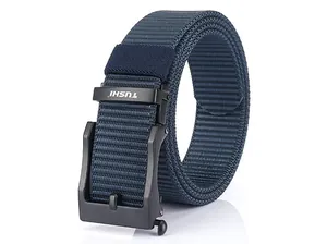 Close-up of navy blue nylon woven belt with black zinc alloy automatic buckle detail