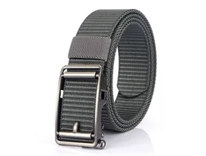 Close-up of durable 3.5cm nylon belt with automatic metal buckle in dark gray finish