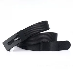 Close-up of thick nylon tactical belt with durable TUSHI matte finish automatic buckle