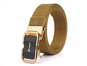 Detail of khaki nylon belt featuring a gold automatic alloy buckle with TUSHI logo