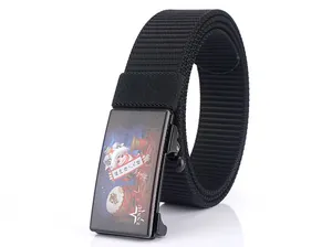 Detailed macro view of black nylon tactical belt with colorful cartoon lion metal buckle