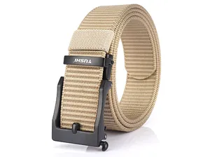 Close-up of khaki nylon tactical belt with matte black zinc alloy automatic buckle