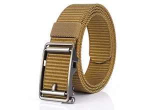 Detail of khaki nylon belt with textured metal automatic buckle on white background