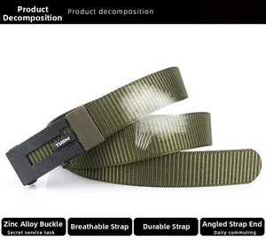 Detail of army green nylon tactical belt showing zinc alloy buckle and breathable webbing